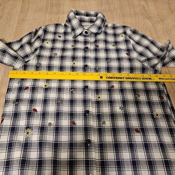 Bon Worth Size Xs Womens Blue Plaid Shirt Embroidrred Bees Flowers Ladybugs - Picture 5 of 7